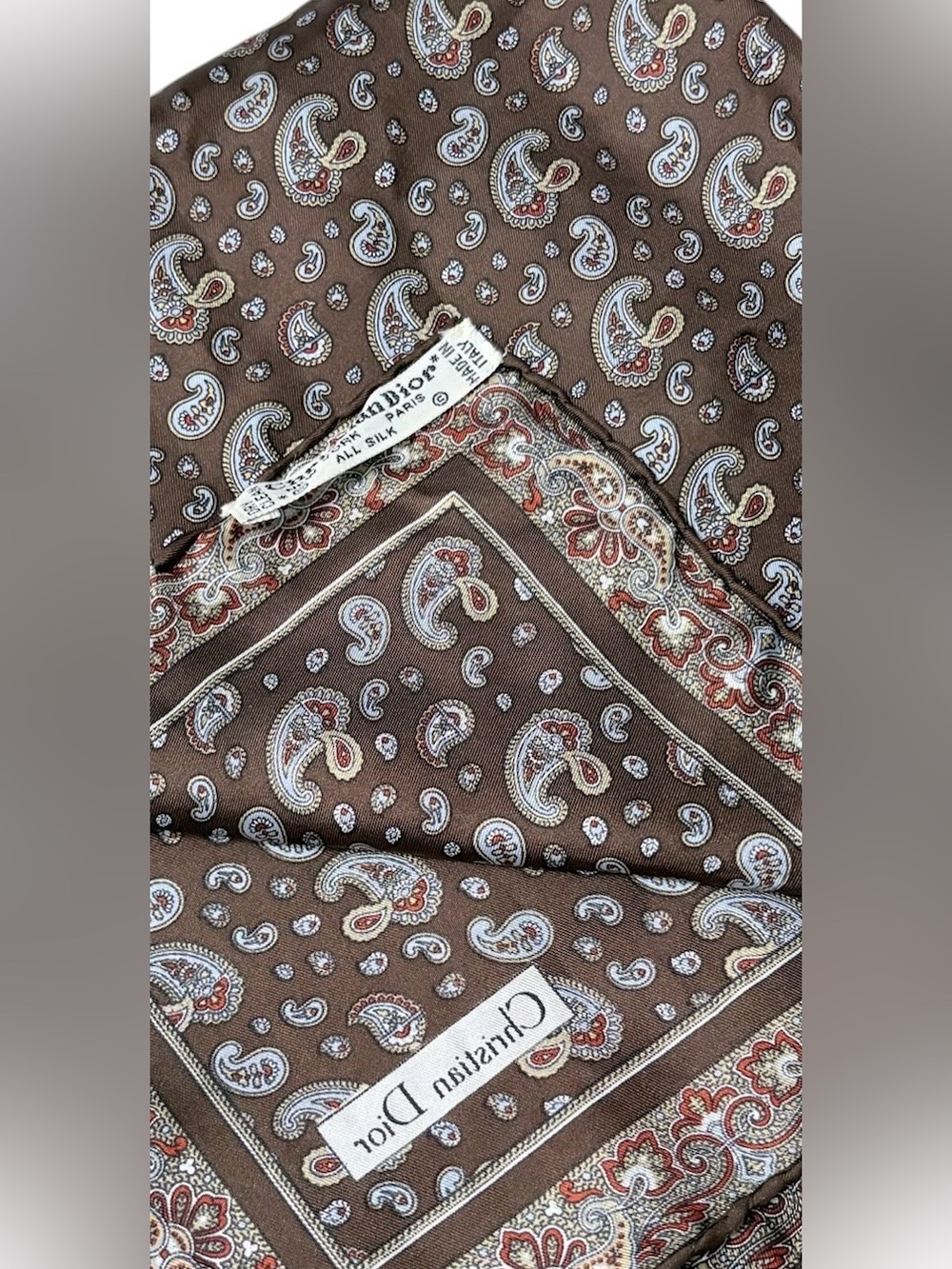 VTG Dior Christian Dior Brown Paisley Pure Silk Small Square Pocket Scarf 17x17 - Picture 6 of 6